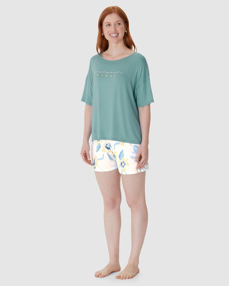 Pijama Curto Feminino Blusa Box Estampa Lettering Em Viscose Stretch