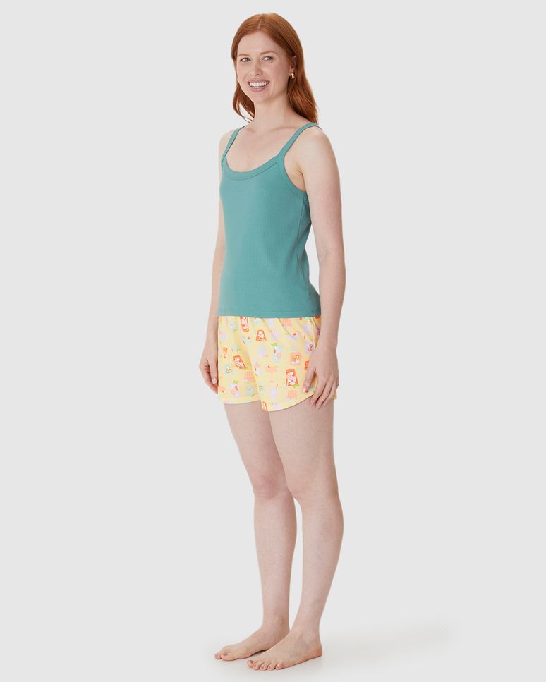 Pijama Curto Feminino Regata Ribana E Shorts Estampado Em Algodão