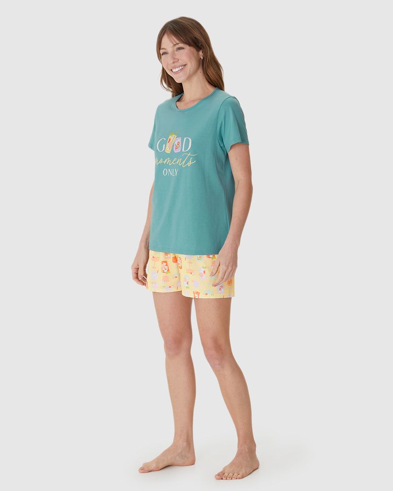 Pijama Curto Feminino Shorts Estampado Em Algodão
