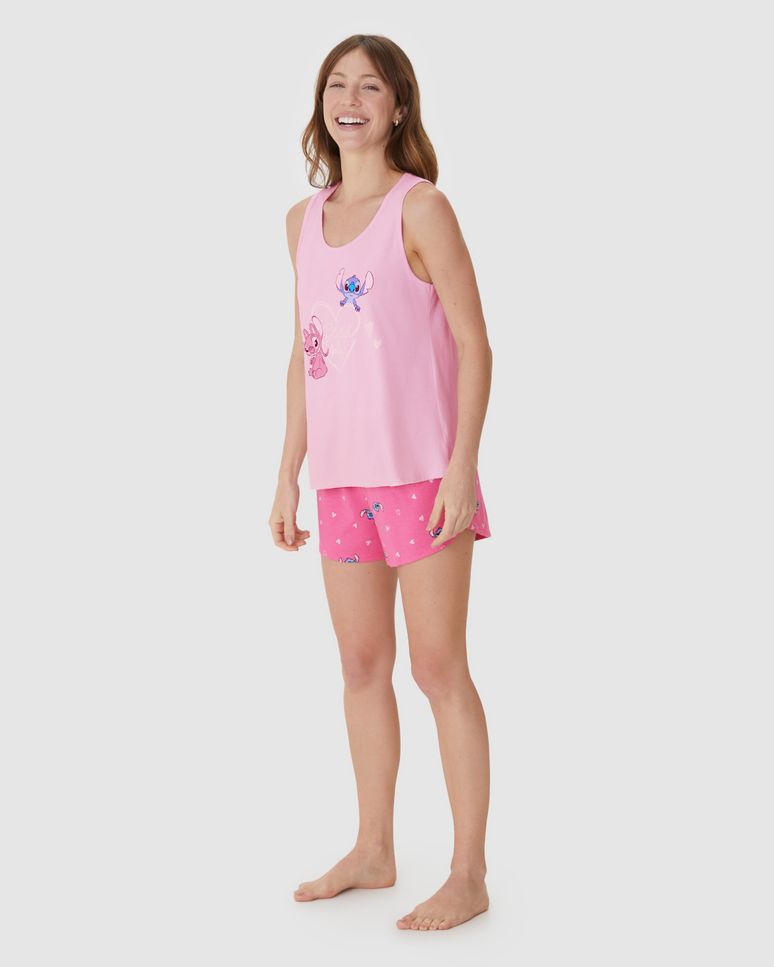 Pijama Curto Feminino Estampa Stitch E Angel Disney Em Algodão