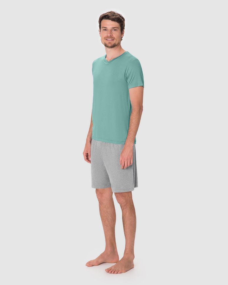 Pijama Curto Masculino Camiseta Decote V Detalhe Costura Em Viscose Stretch