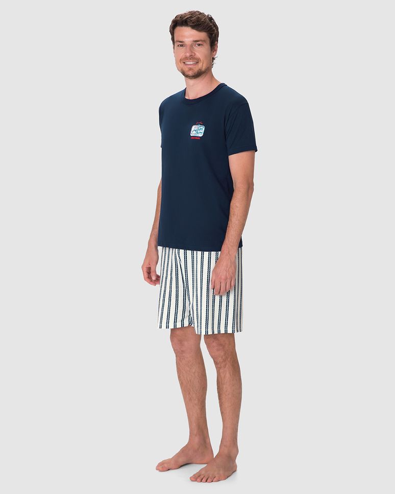 Pijama Curto Masculino Estampa Sardinhas Em Algodão