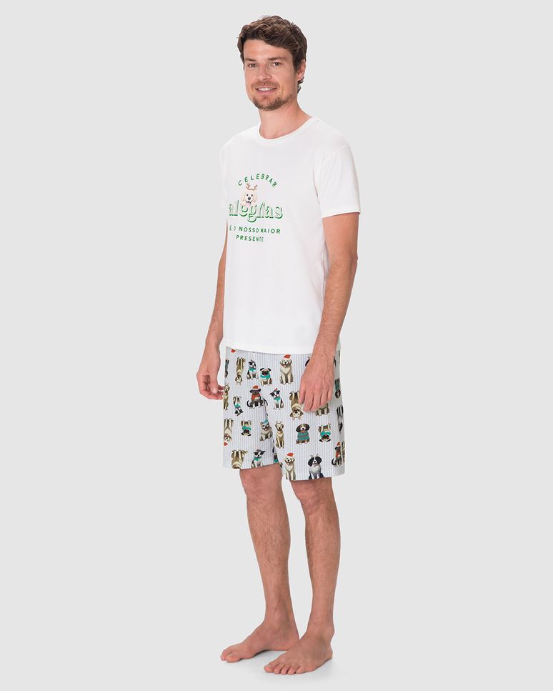 Pijama Curto Masculino Celebrar Alegrias Em Algodão