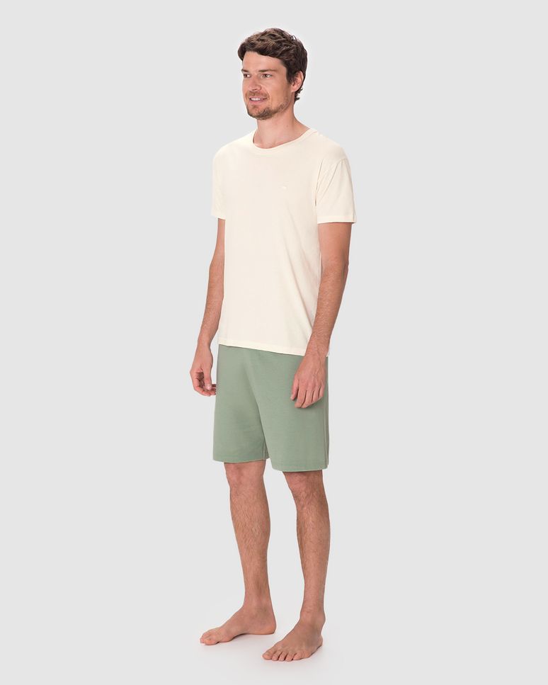 Pijama Curto Masculino Camiseta Bordado Discreto Em Algodão
