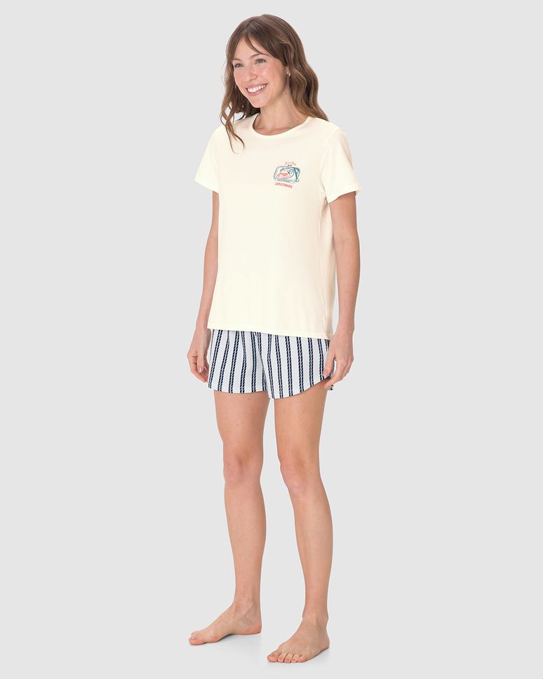 Pijama Curto Feminino Estampa Sardinhas Em Algodão