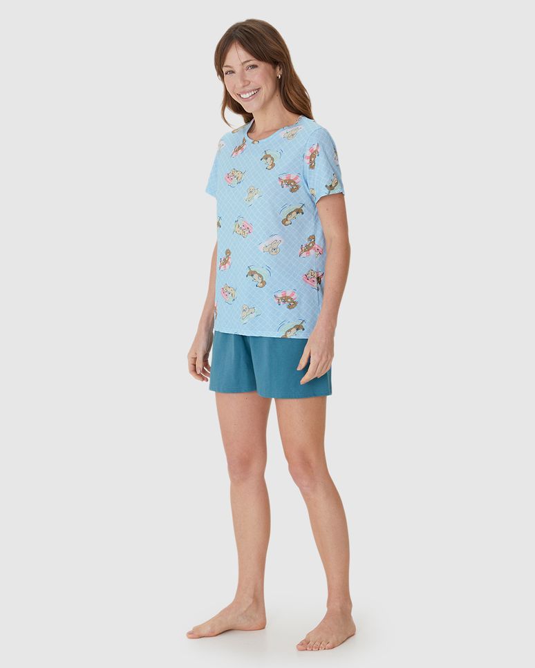 Pijama Curto Feminino Blusa Estampa Digital Em Algodão