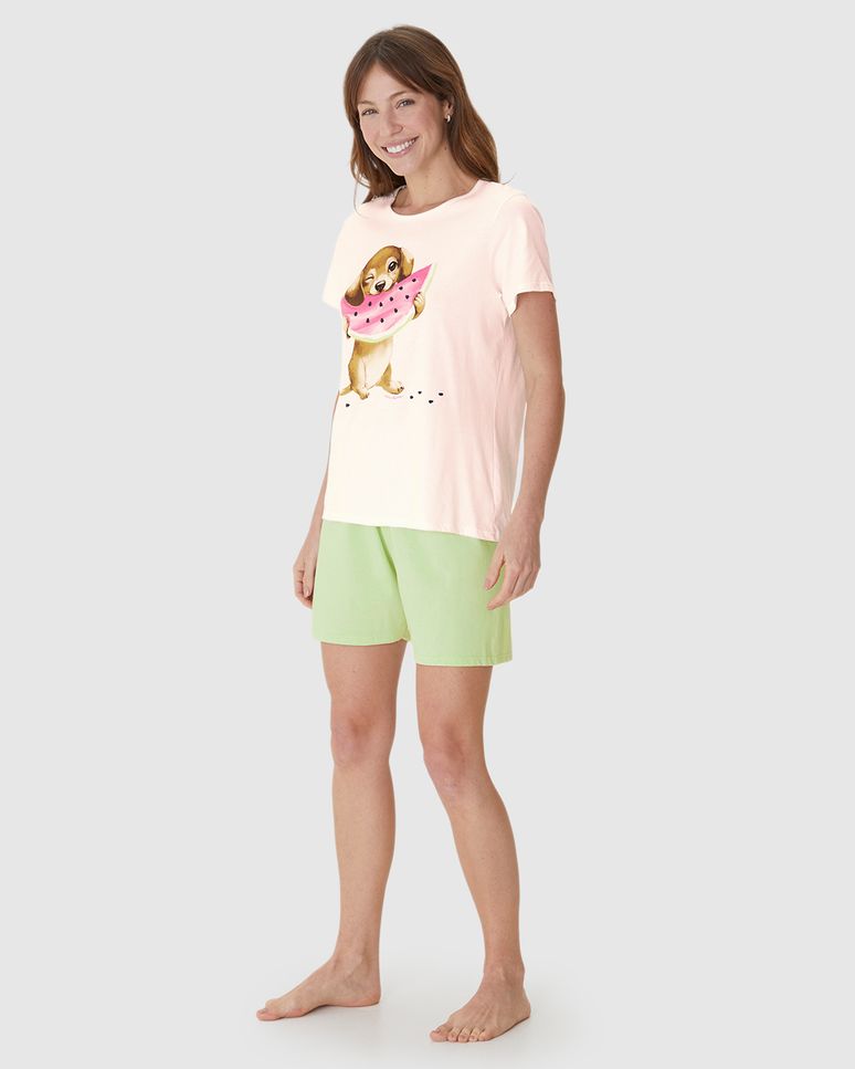 Pijama Curto Feminino Blusa Dog And Watermelon Em Algodão