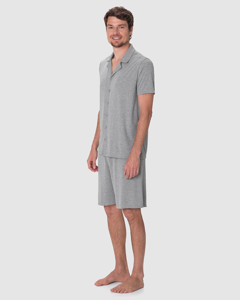 Pijama Curto Masculino Camisa Abotoamento Frontal Em Viscose Stretch