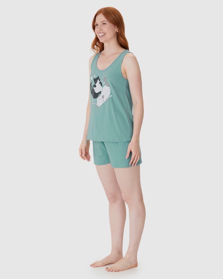 Pijama Curto Feminino Regata Estampa Frontal Em Algodão