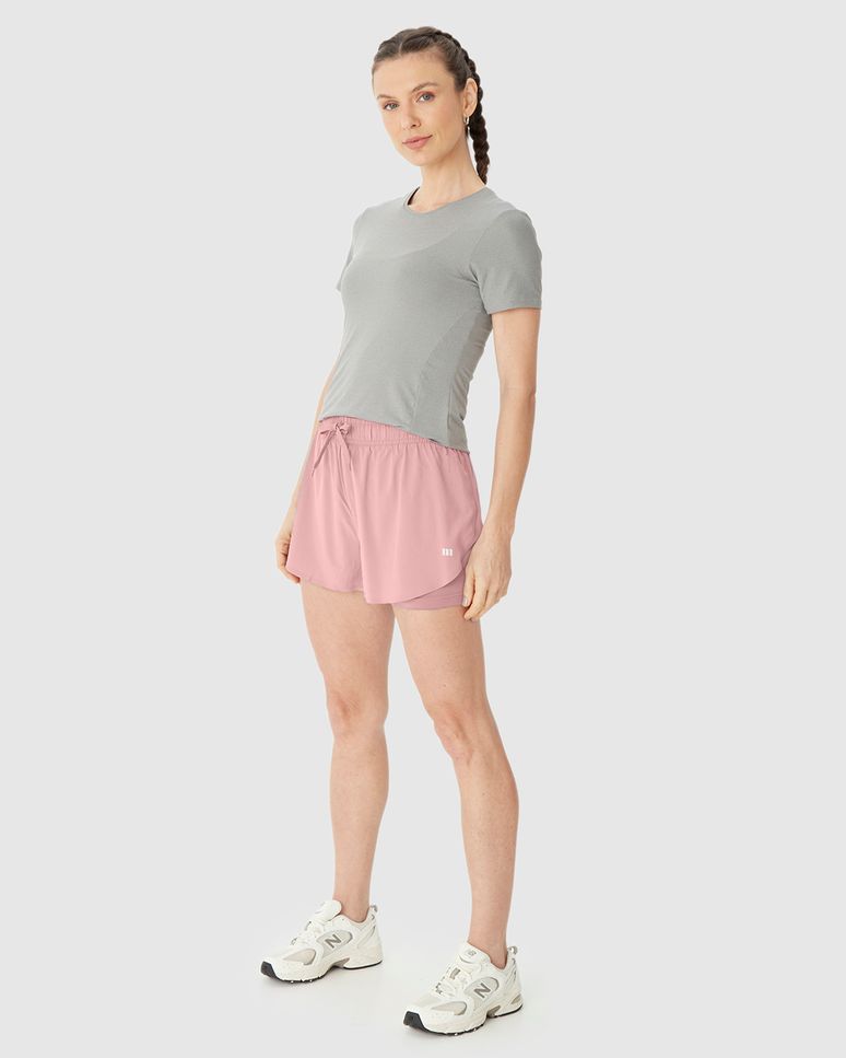 Shorts Esportivo Feminino Duplo Cadarço Funcional Em Tafetá Com Elastano