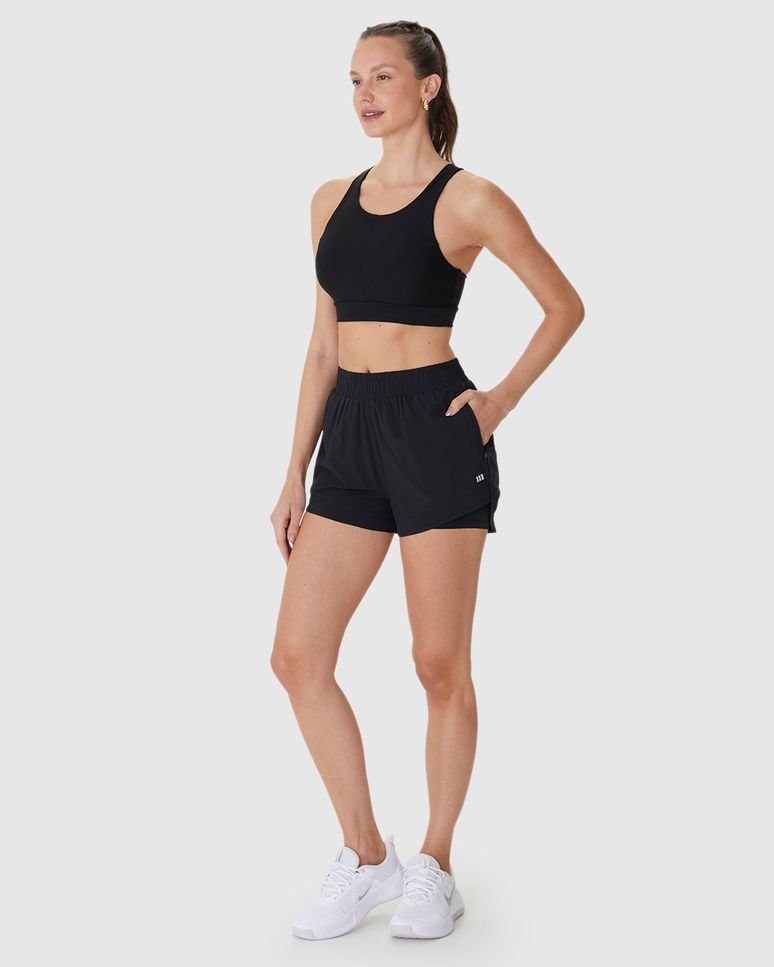 Shorts Esportivo Feminino Duplo Bolso Fecho Zíper Em Tafetá Com Elastano