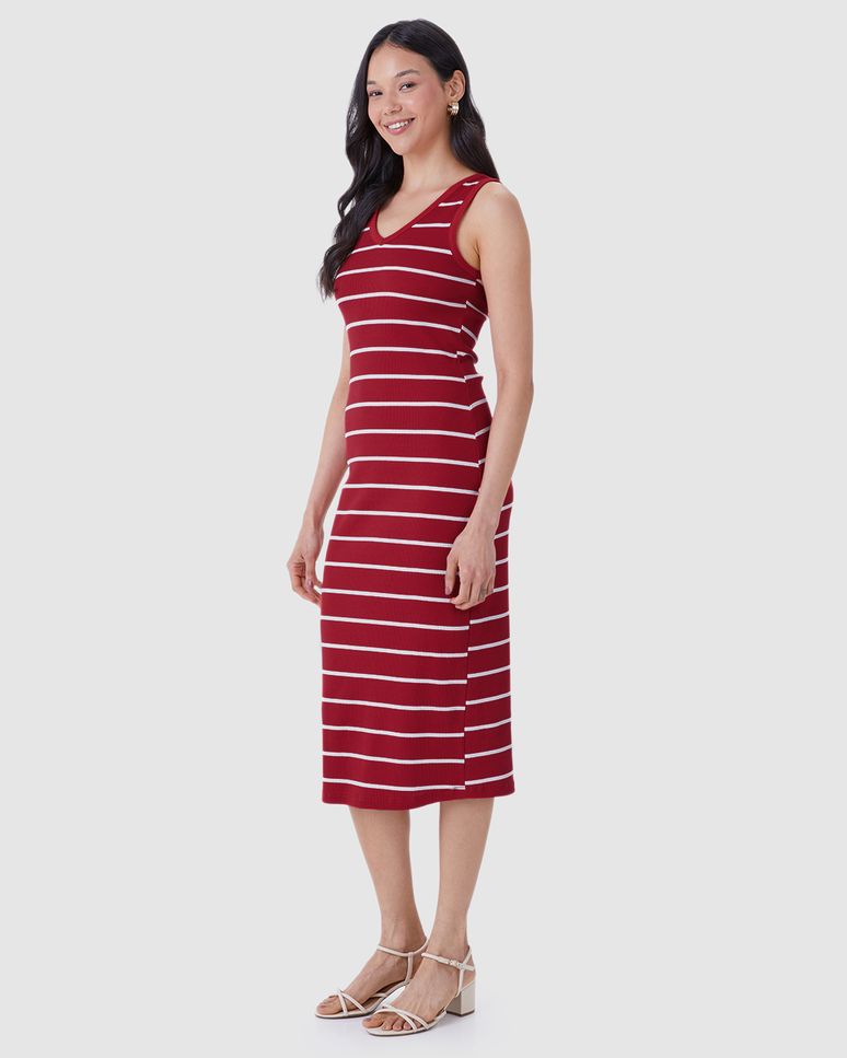 Vestido Midi Feminino Decote V Listrado Em Ribana