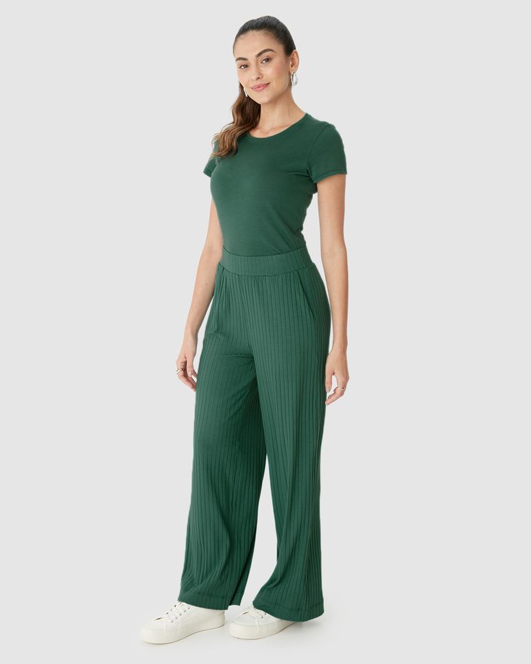 Calça Wide Leg Feminina Cintura Alta Em Malha Canelada De Viscose