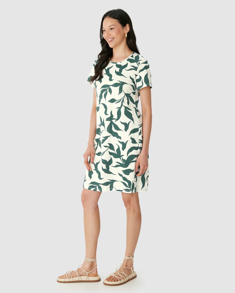 Vestido Feminino Estampado Com Decote Redondo Em Algodão