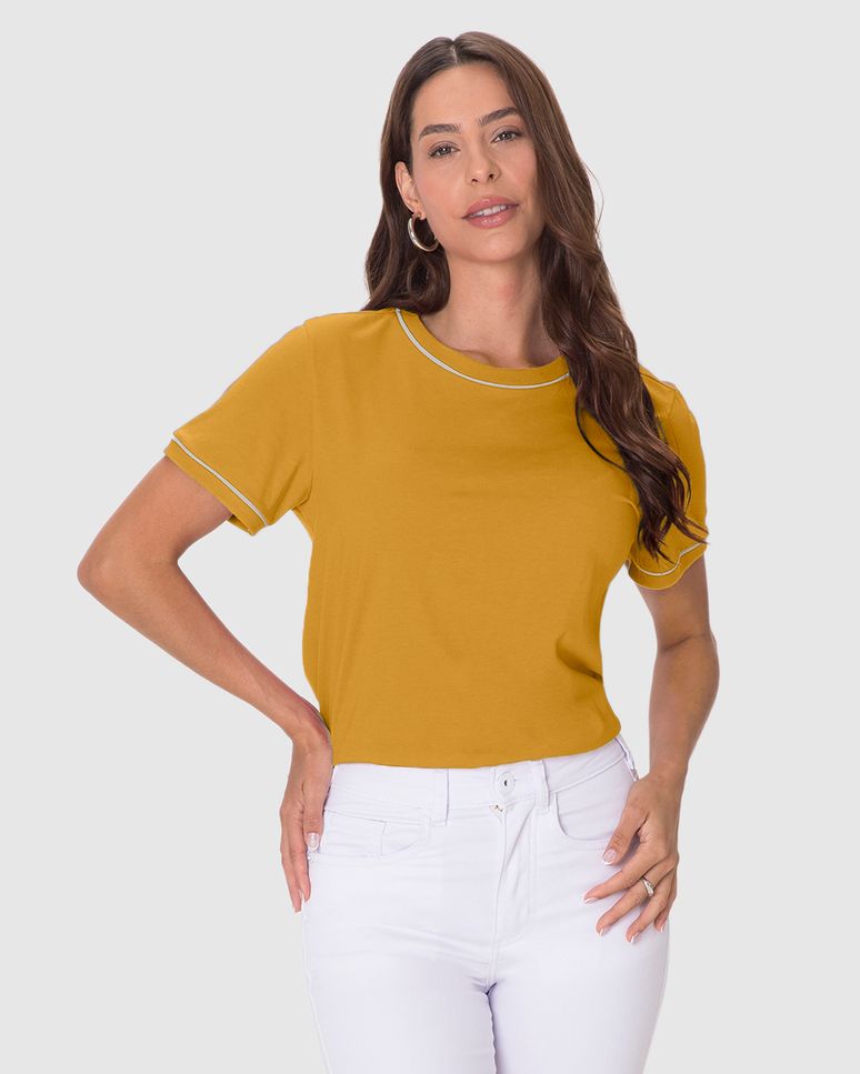 Blusa Básica Feminina Decote Redondo Costura Contraste Em Algodão