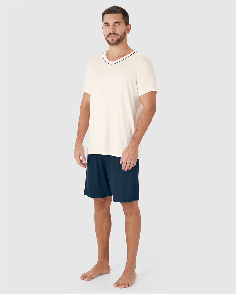 Pijama Curto Masculino Camiseta Decote V Detalhe Costura Em Viscose Stretch