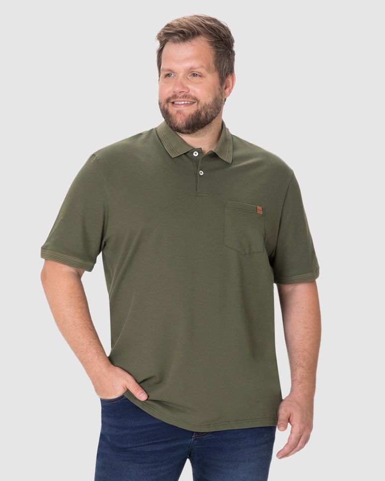 Camisa Polo Masculina Plus Size Detalhe Bolso Funcional Em Algodão