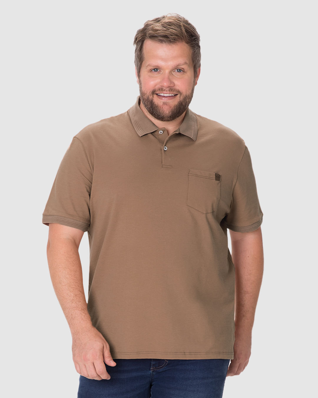Camisa Polo Masculina Plus Size Detalhe Bolso Funcional Em Algodão