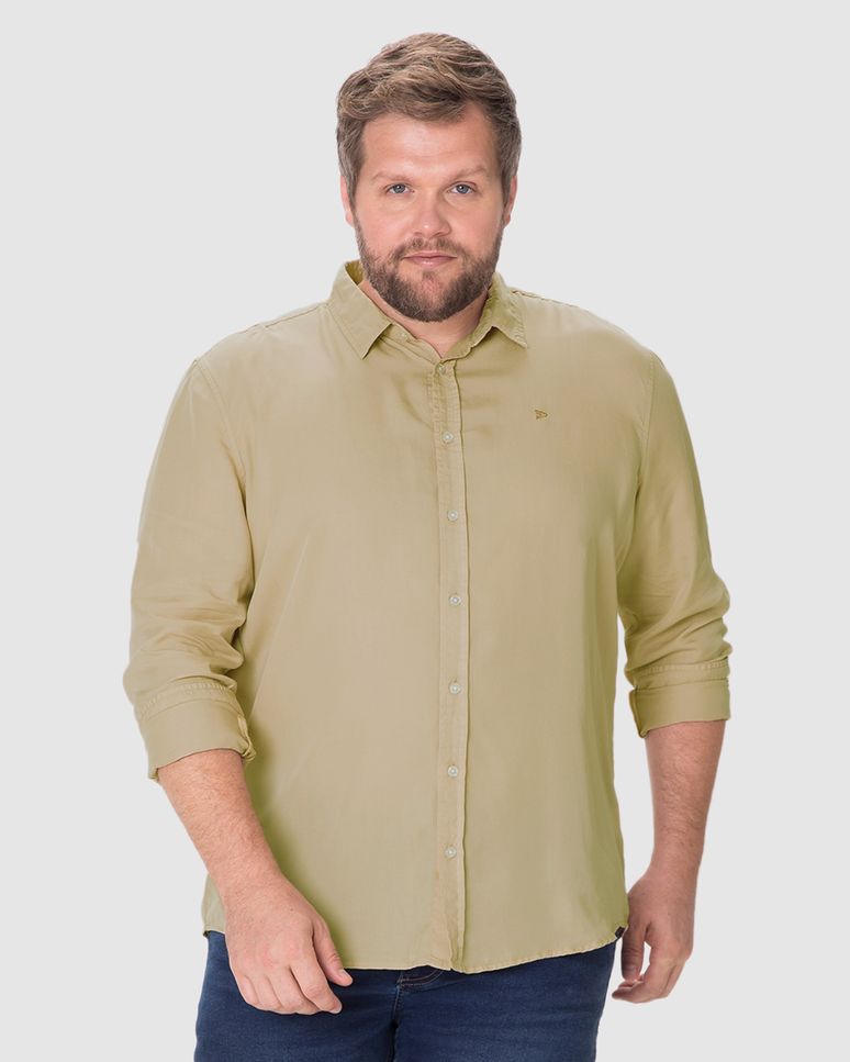Camisa Masculina Plus Size Manga Longa Bordado Peitoral Em Liocel