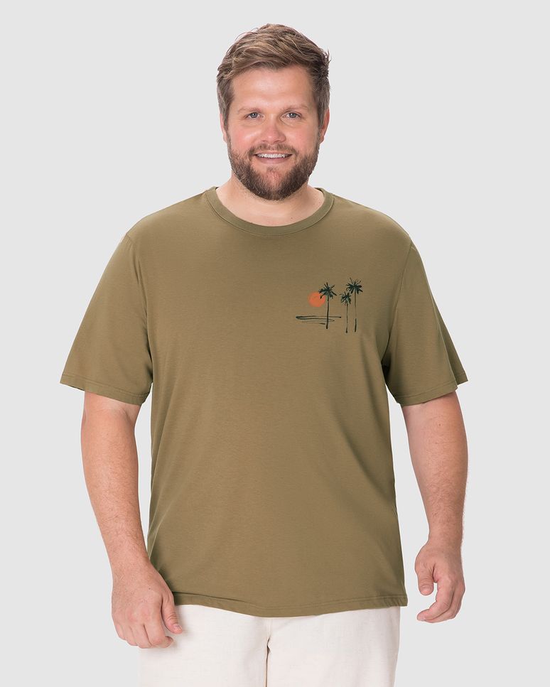 Camiseta Masculina Plus Size Estampa Praiana Peitoral Em Algodão