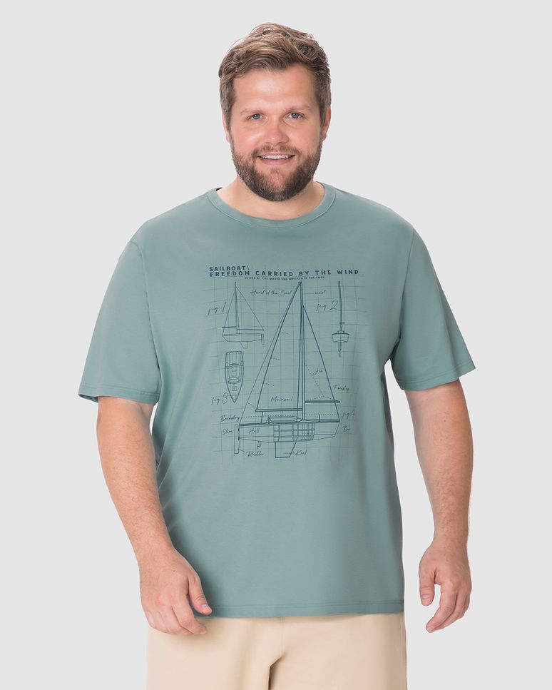 Camiseta Masculina Plus Size Estampa Sailboat Em Algodão