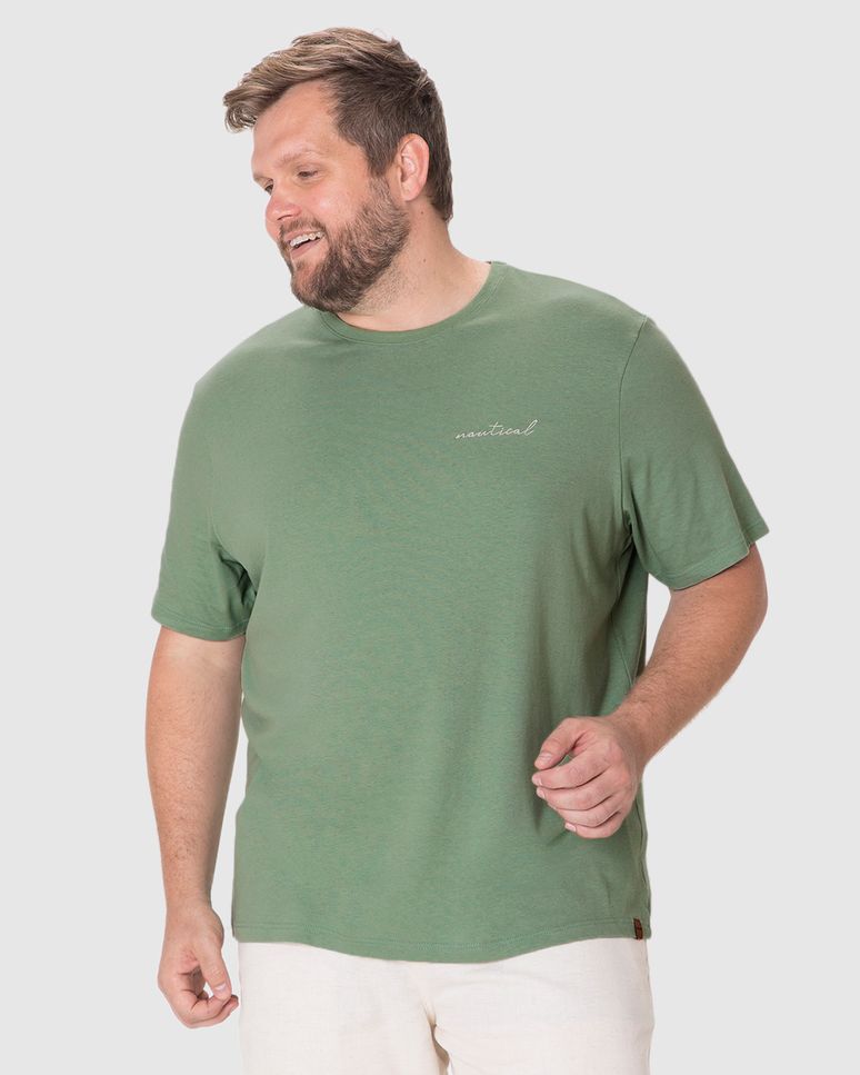 Camiseta Masculina Plus Size Nautical Estampa Frente E Costas Em Malha Linho