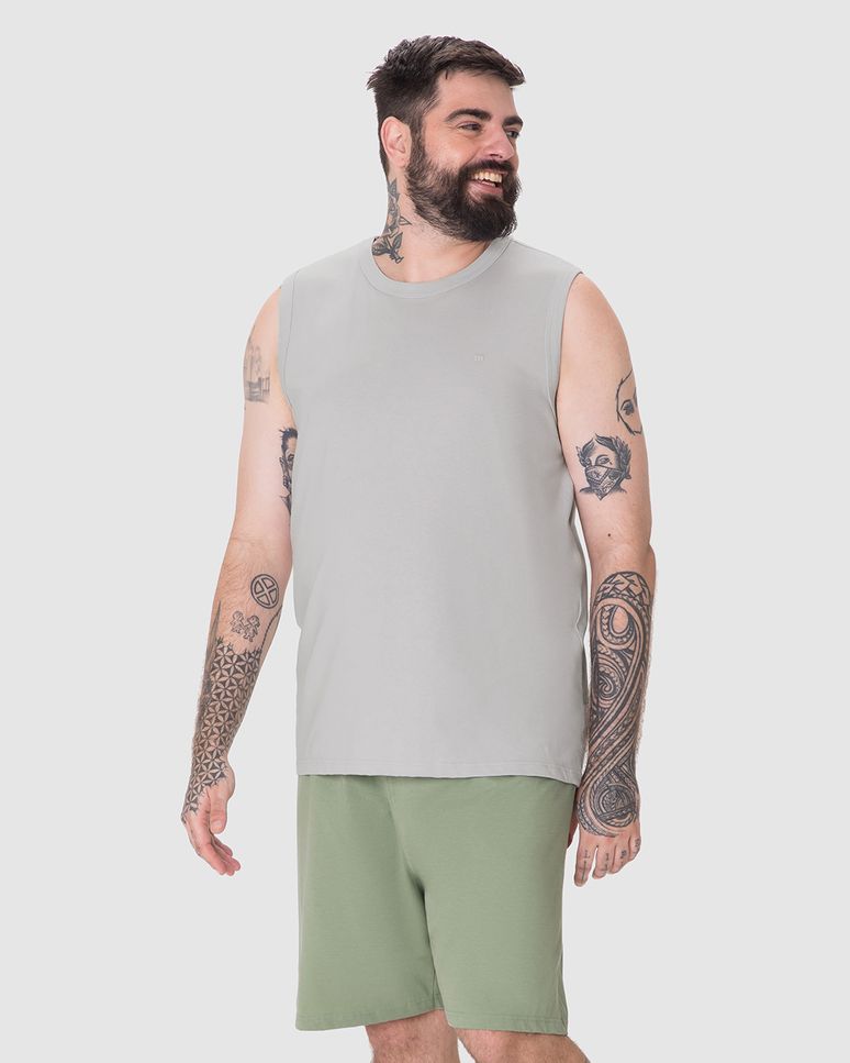 Pijama Curto Masculino Plus Size Regata Detalhe Bordado Em Algodão