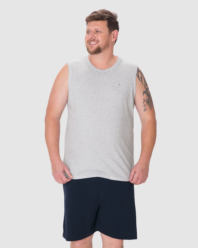 Pijama Curto Masculino Plus Size Regata Detalhe Bordado Em Algodão