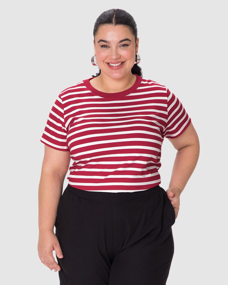 Blusa Feminina Plus Size Decote Redondo Manga Curta Em Malha Listrada