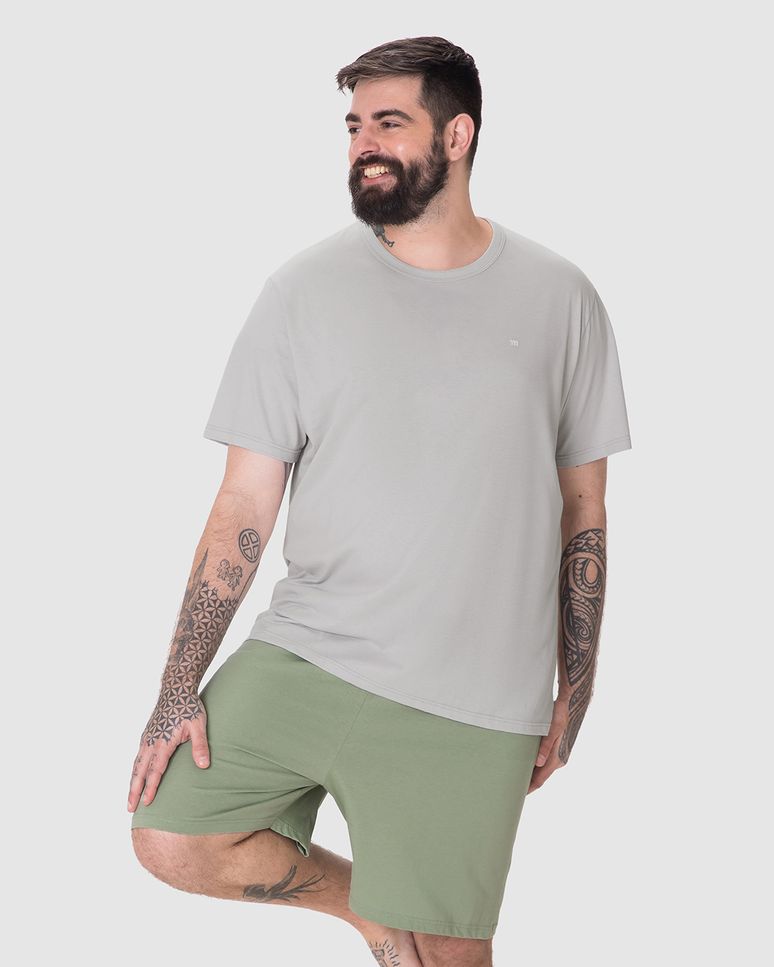 Pijama Curto Masculino Plus Size Detalhe Bordado Em Algodão