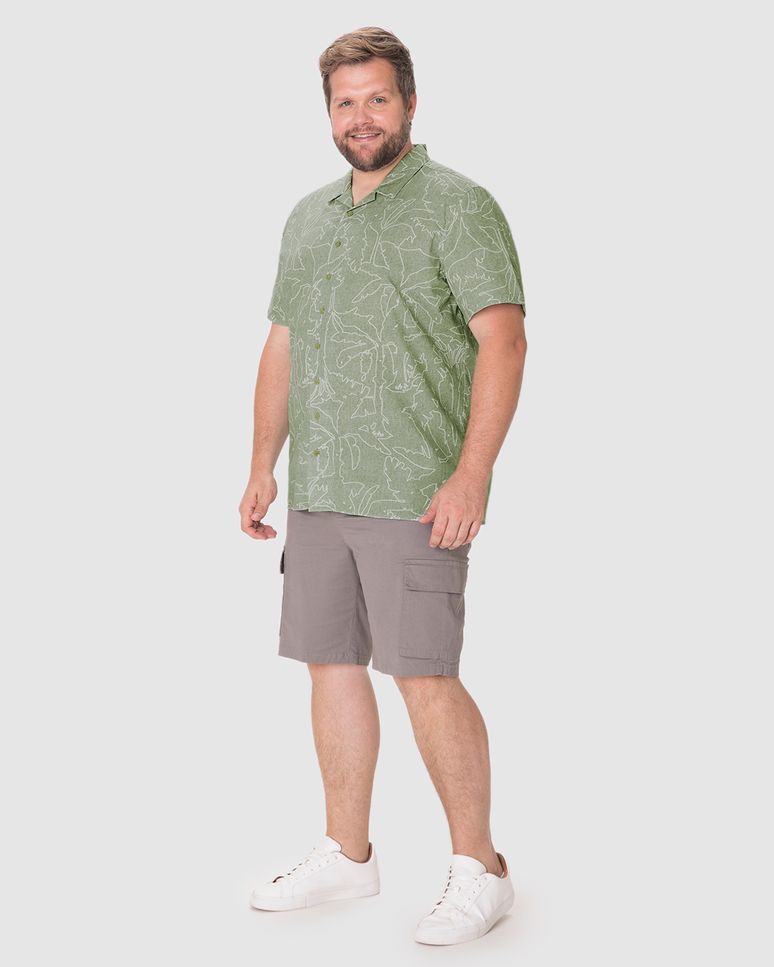 Camisa Masculina Plus Size Estampada Manga Curta Em Linho Com Algodão