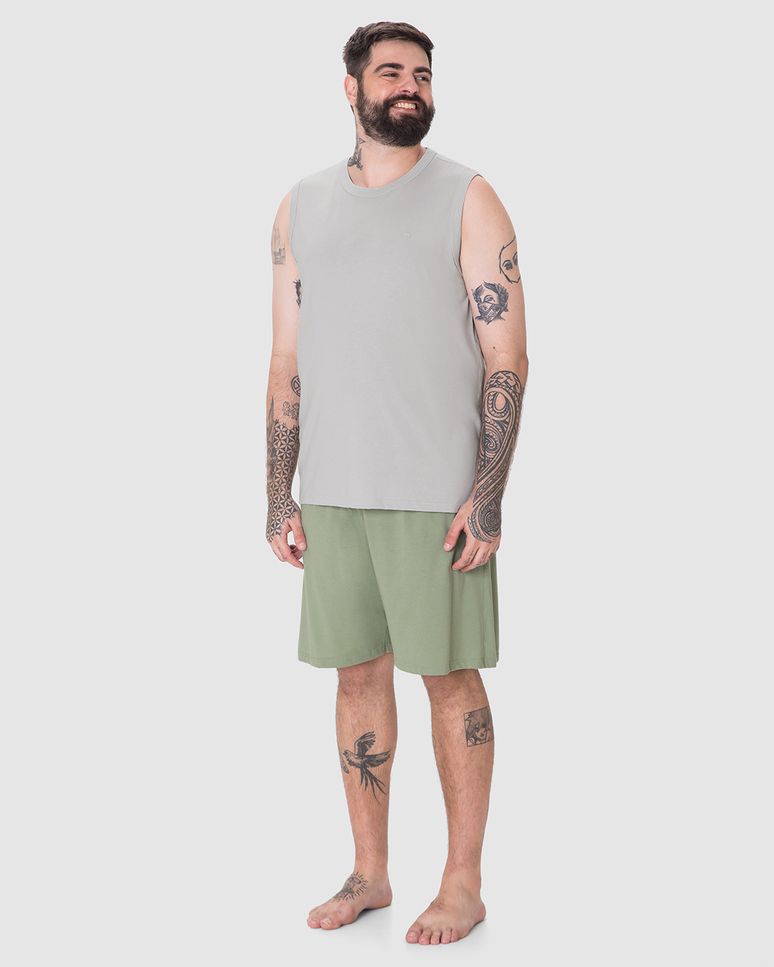 Pijama Curto Masculino Plus Size Regata Detalhe Bordado Em Algodão