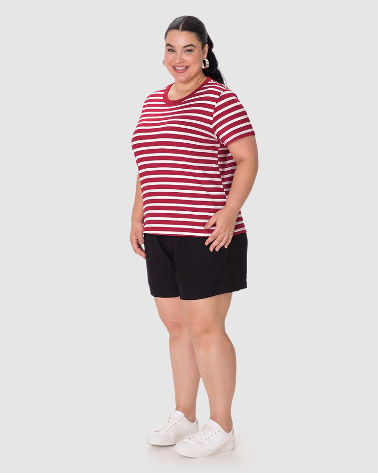 Blusa Feminina Plus Size Decote Redondo Manga Curta Em Malha Listrada