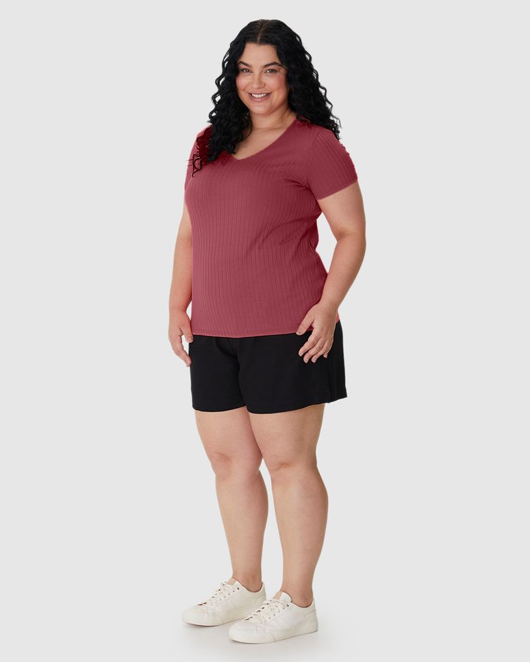 Blusa Básica Feminina Plus Size Decote V Em Canelado De Viscose