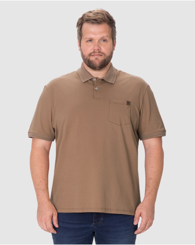 Camisa Polo Masculina Plus Size Detalhe Bolso Funcional Em Algodão