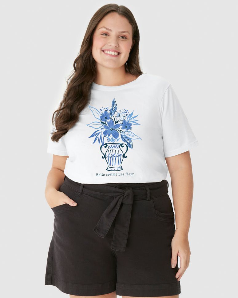 Camiseta Feminina Plus Size Estampa Belle Comme Une Fleur Em Algodão
