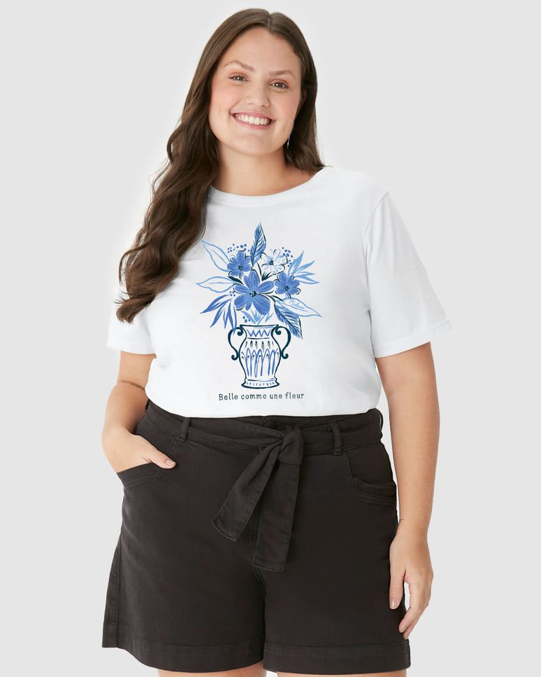 Camiseta Feminina Plus Size Estampa Belle Comme Une Fleur Em Algodão