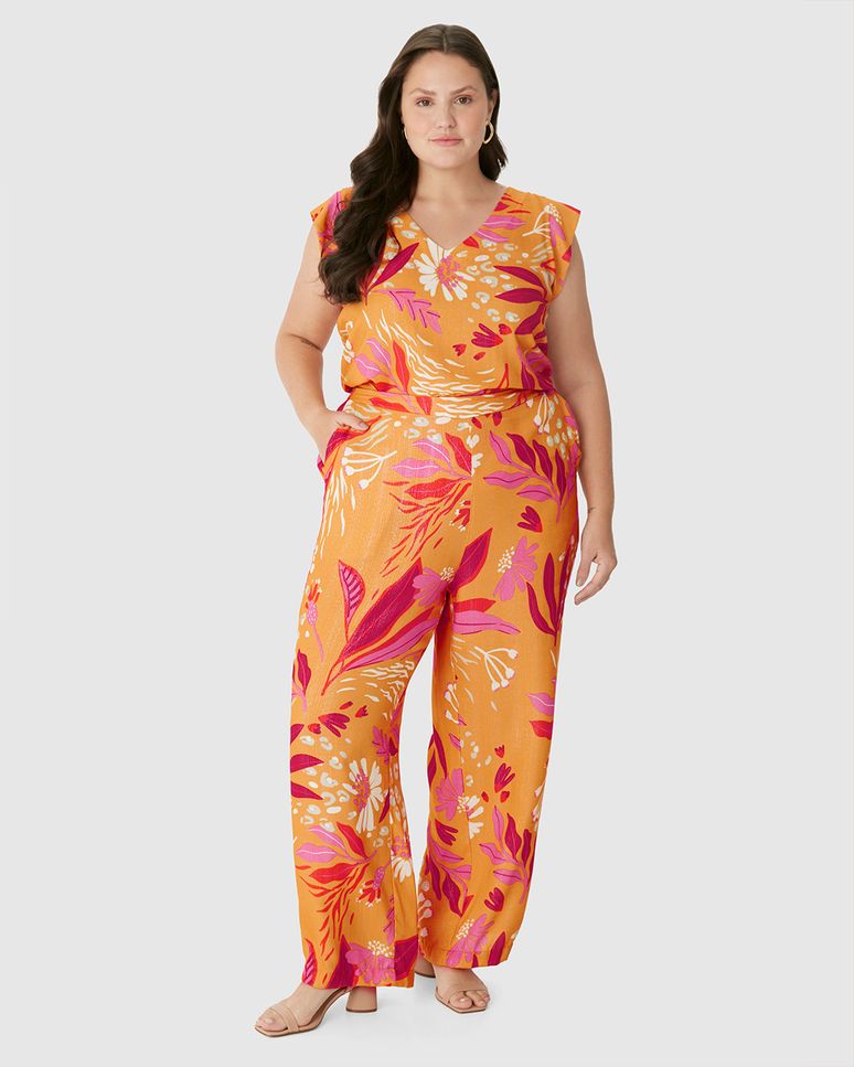 Calça Feminina Plus Size Wide Leg Estampada Bolso Faca Em Viscose Lurex