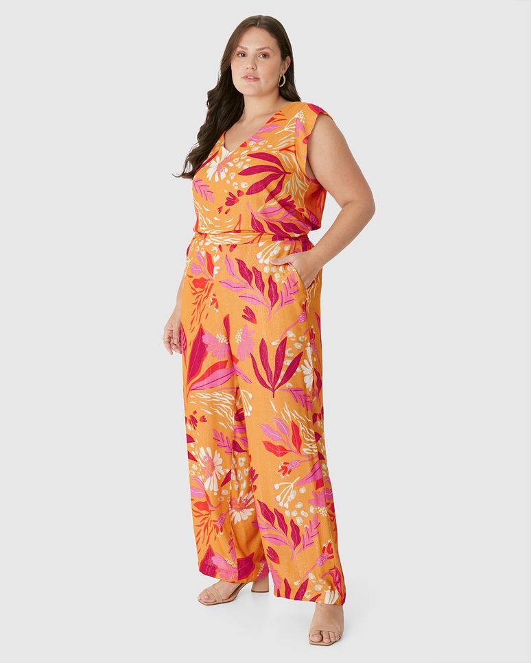 Calça Feminina Plus Size Wide Leg Estampada Bolso Faca Em Viscose Lurex