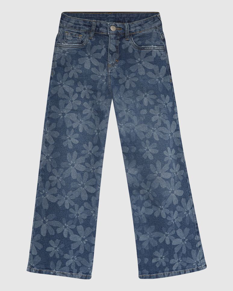 Calça Infantil Menina Wide Leg Estampa Laser Floral Em Jeans Moletom Malwee Kids