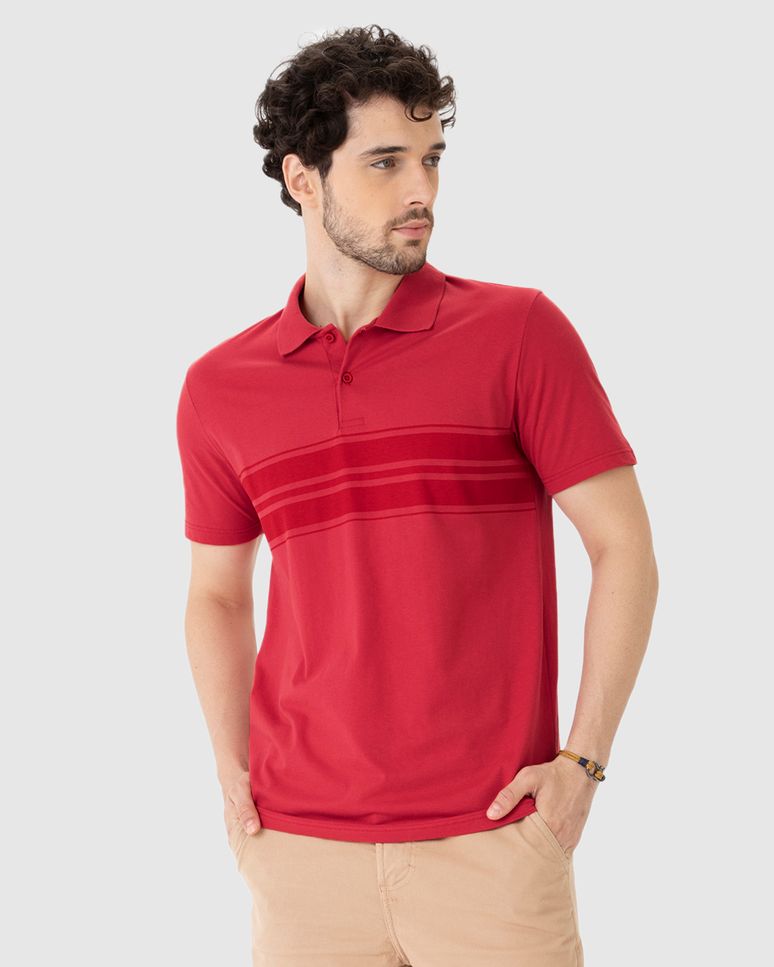 Camisa Polo Masculina Listras Frontais Em Algodão