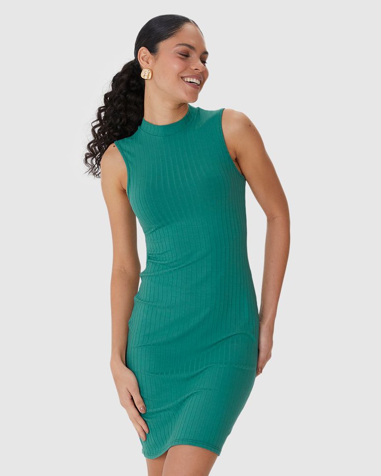 Vestido Básico Feminino Gola Alta Em Canelado De Viscose