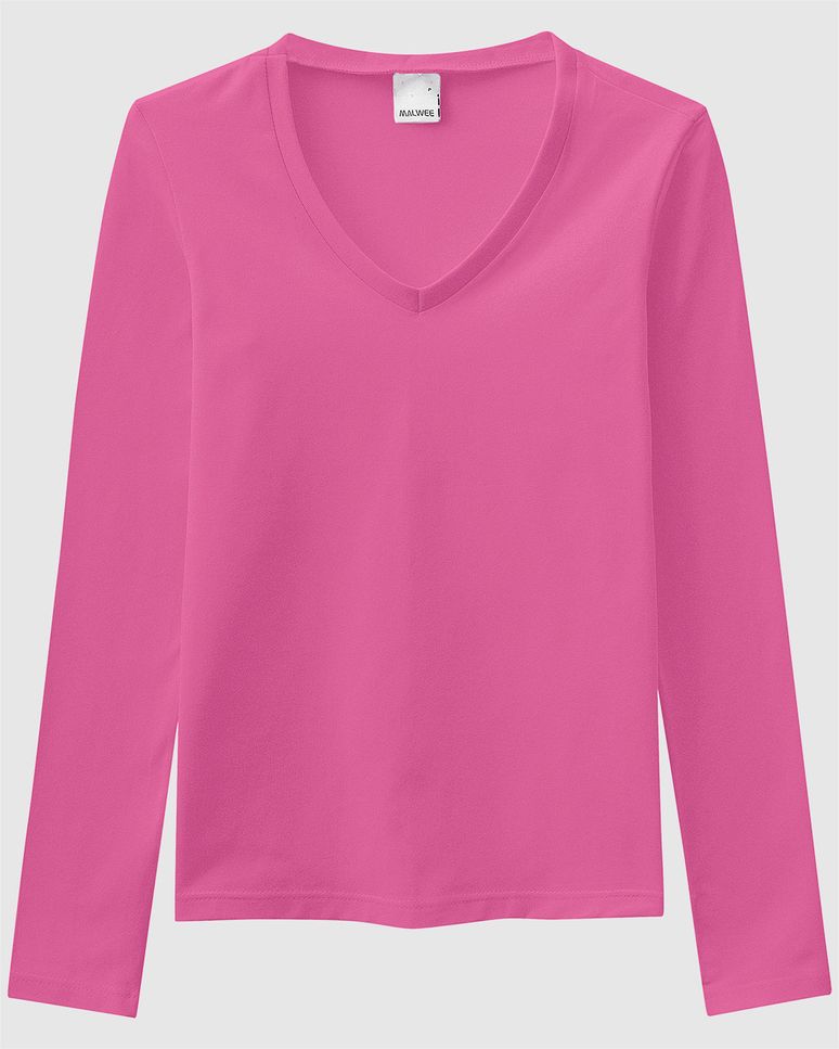Blusa Básica Feminina Gola V Manga Longa Em Algodão