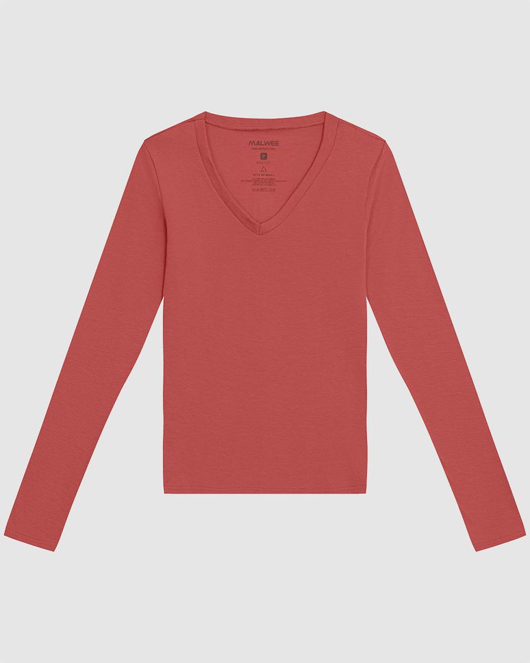 Blusa Básica Feminina Gola V Manga Longa Em Algodão