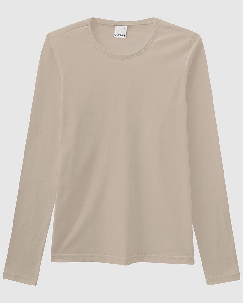 Blusa Básica Feminina Decote Redondo Manga Longa Em Algodão