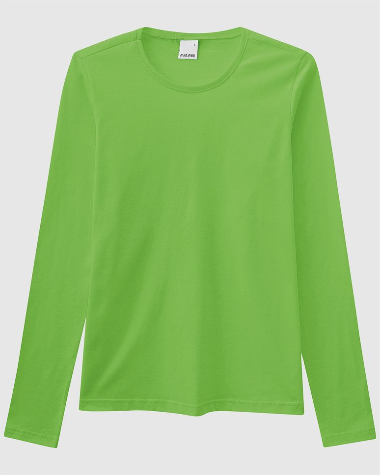 Blusa Básica Feminina Decote Redondo Manga Longa Em Algodão