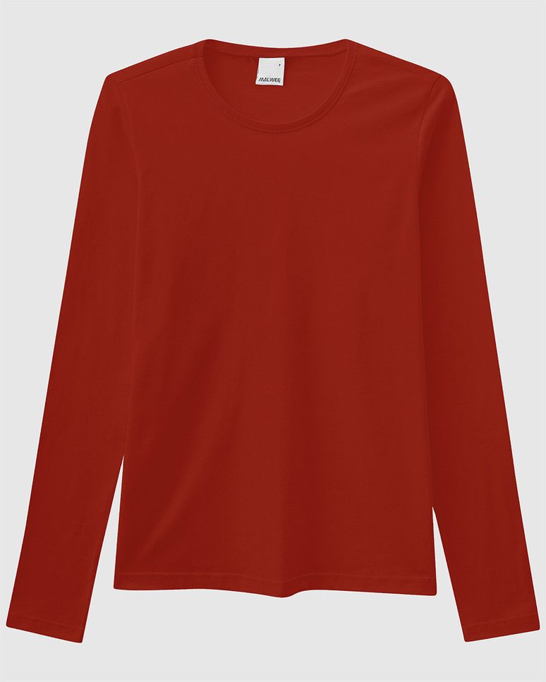 Blusa Básica Feminina Decote Redondo Manga Longa Em Algodão