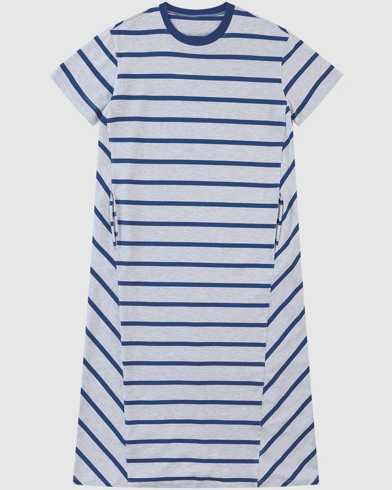 Vestido Midi Feminino Listrado Bolso Funcional Em Malha Algodão