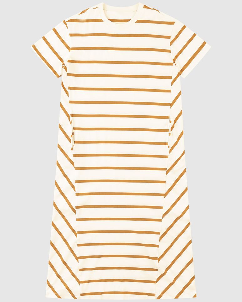 Vestido Midi Feminino Listrado Bolso Funcional Em Malha Algodão