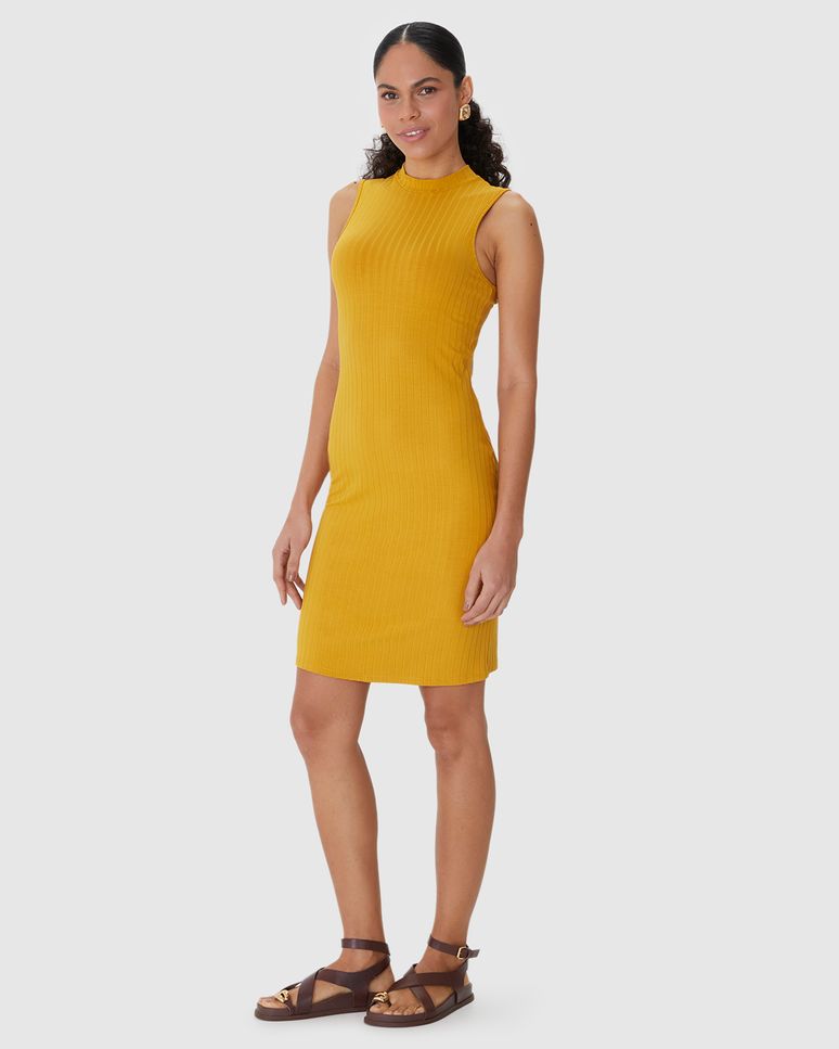 Vestido Básico Feminino Gola Alta Em Canelado De Viscose